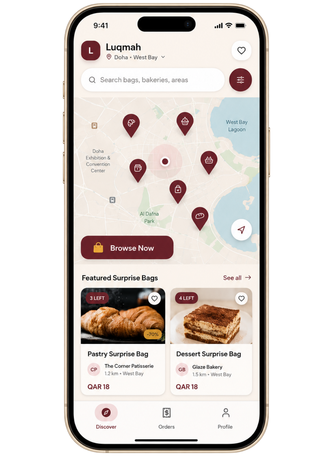 Luqmah app step 02: Browse bags near you